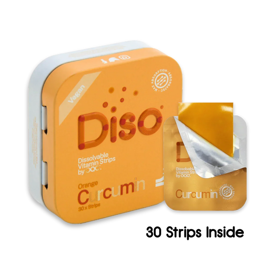 Curcumin tin with 1 of the strips next to it