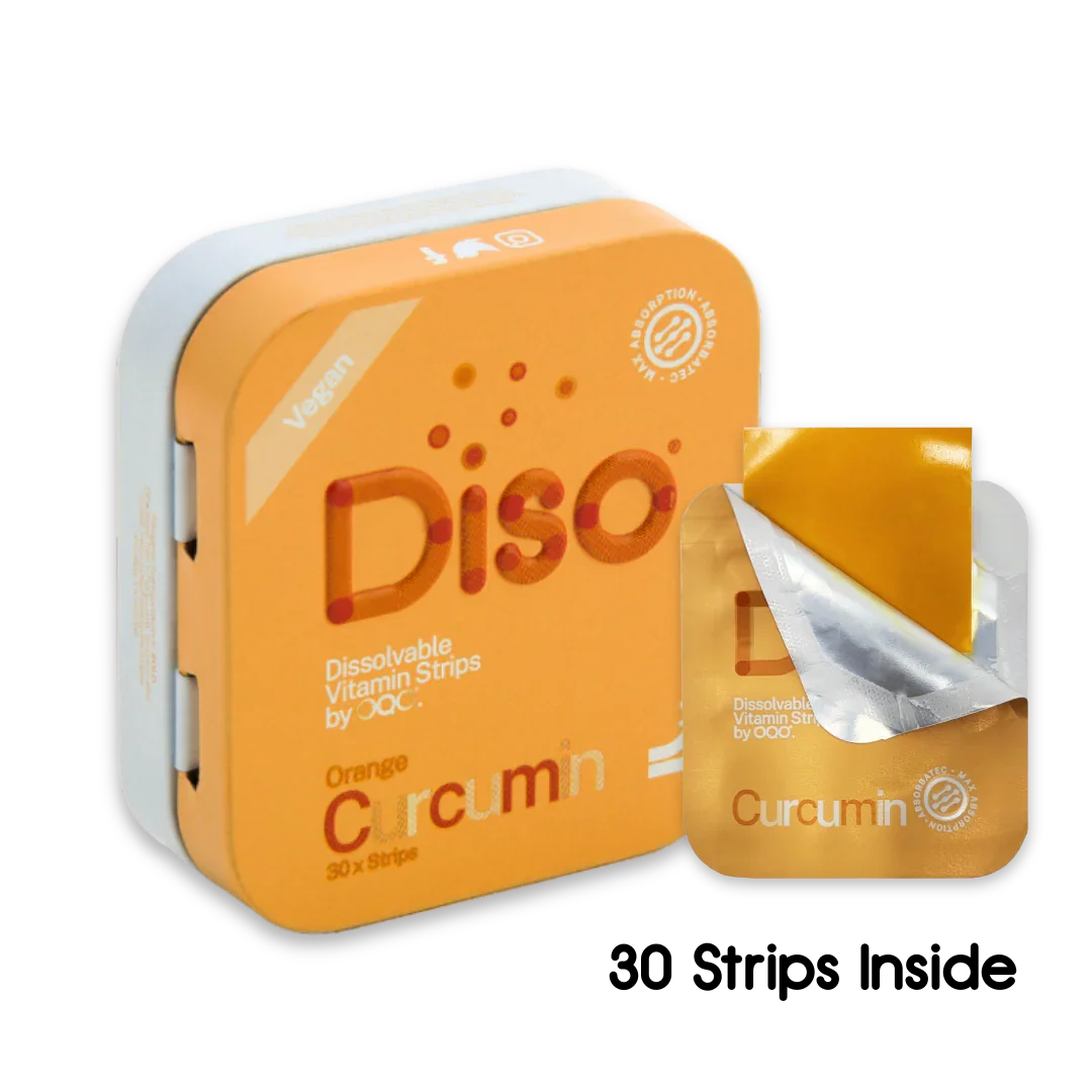 Curcumin tin with 1 of the strips next to it