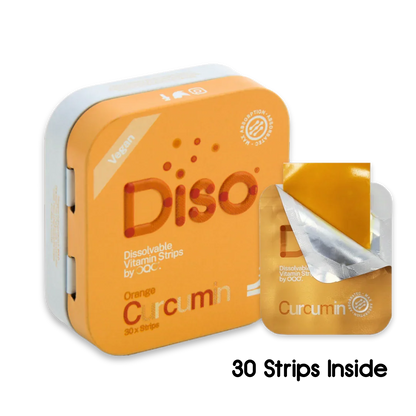 Curcumin tin with 1 of the strips next to it