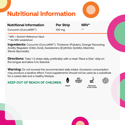 Nutritional information label for Curcumin Vitamin with colorful design elements.