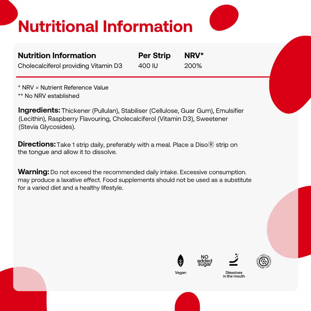 Nutritional information and supplement details for Diso Kids Vitamin D3 on a white background with red accents