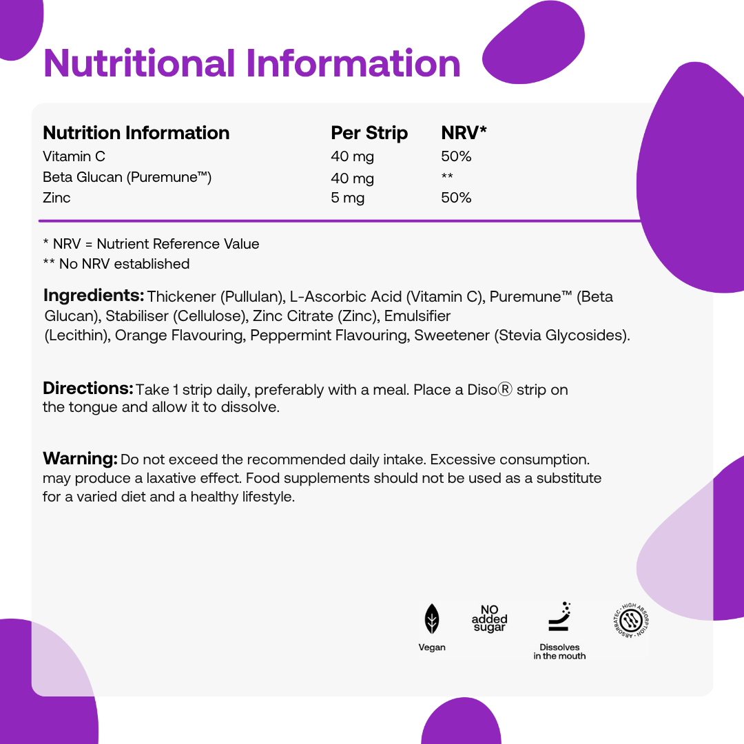 Nutritional information for Diso Kidz Immunity with purple and white design