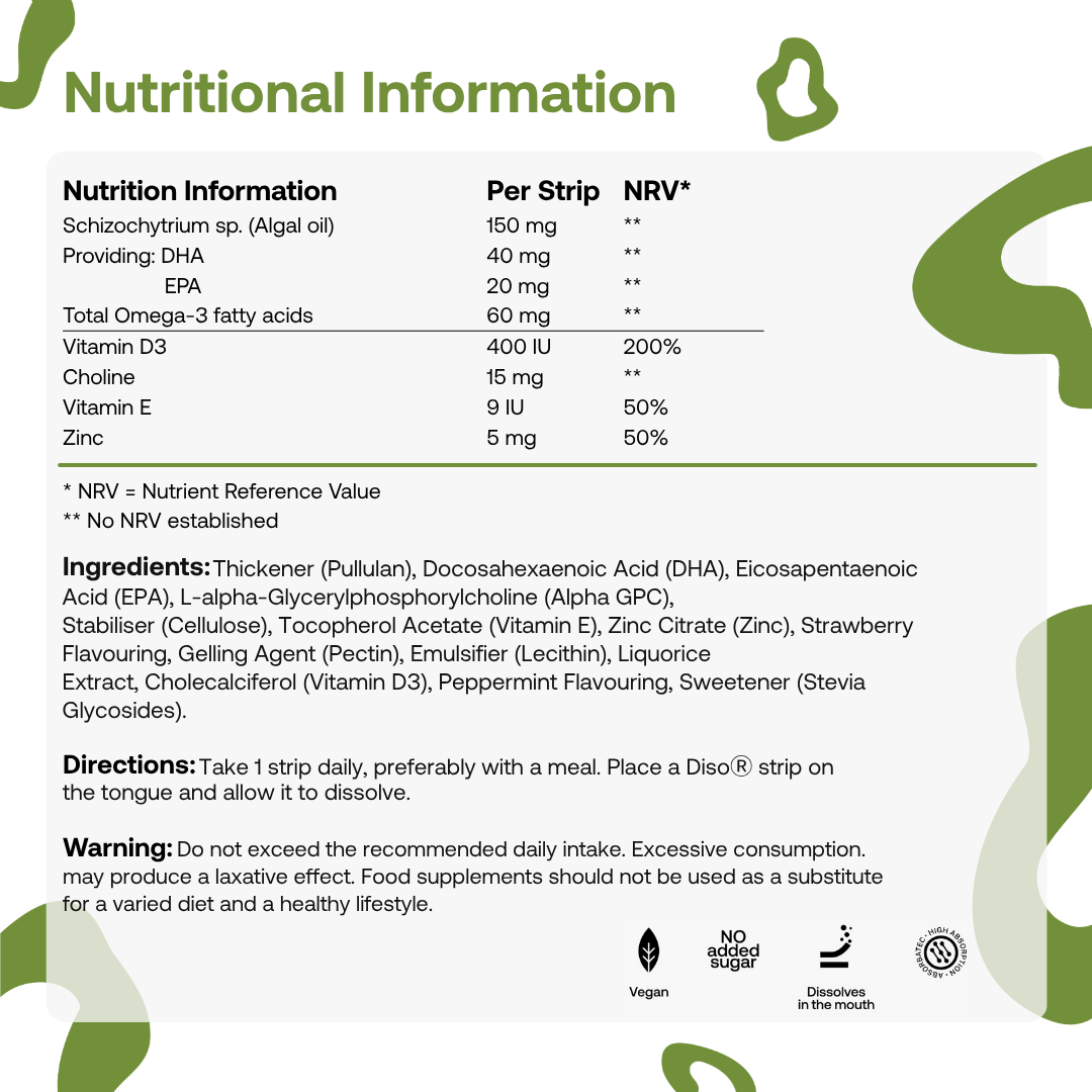 Nutritional information and ingredient list for Diso Kids Omega 3 on a white background with green accents. 