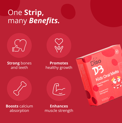 Red packaging of Diso D3 Kidz Oral Melts with health benefits listed on a red background