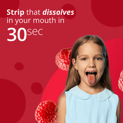 Young girl with a red strip in her mouth against a red background with text about the strip dissolving in 30 seconds.
