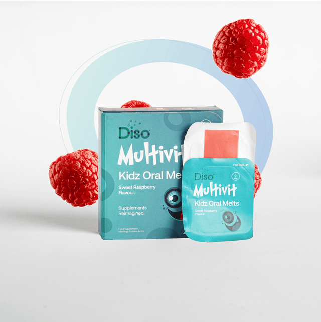 Diso Multivit Kidz Oral Melts packaging with red berry graphics on a light gray background