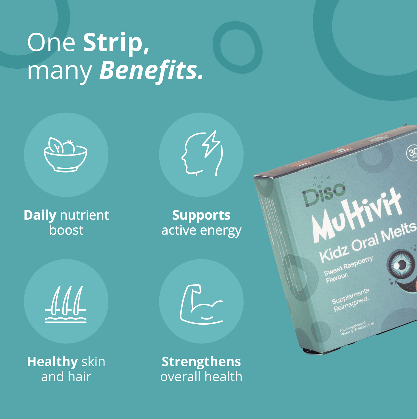 Diso Multivit Kidz Oral Melts packaging with benefits listed on a teal background
