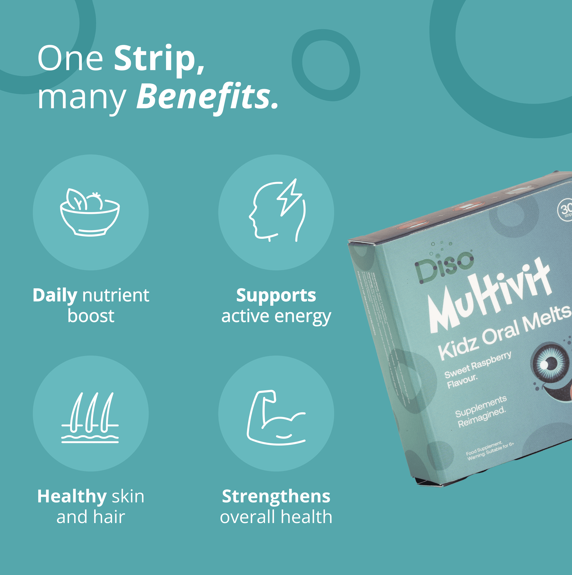 Diso Multivit Kidz Oral Melts packaging with benefits listed on a teal background