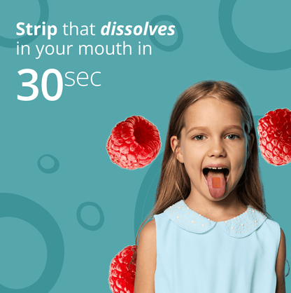 Young girl with a red strip on her tongue against a teal background with text about the strip dissolving in 30 seconds.
