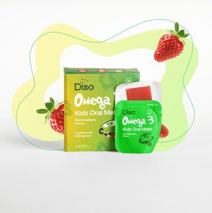 Diso Omega Kidz Oral Melts packaging with strawberry flavor on a white background