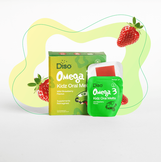 Diso Omega Kidz Oral Melts packaging with strawberry flavor on a white background