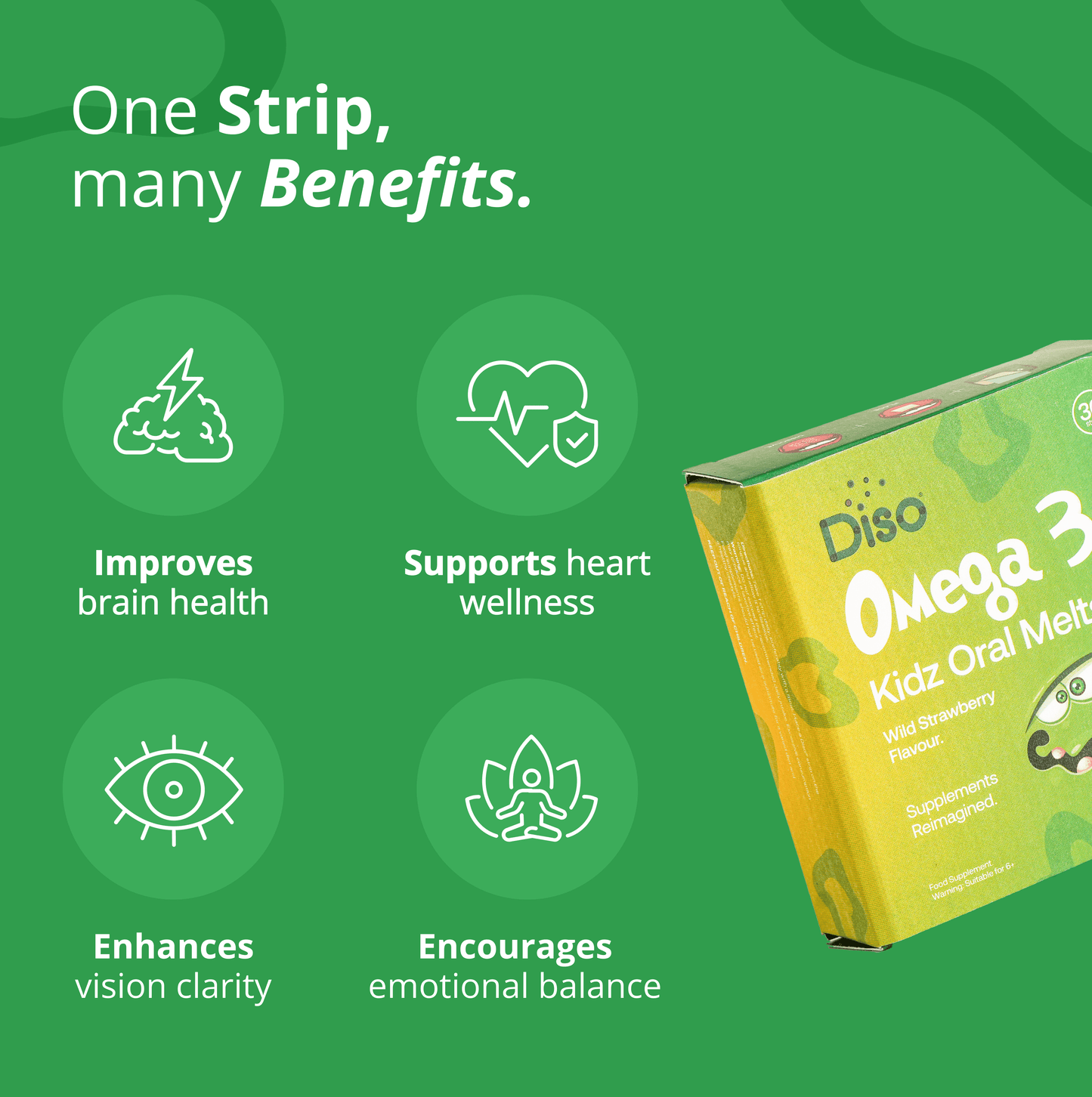 Diso Omega 3 Kidz Oral Melts packaging with health benefits on a green background