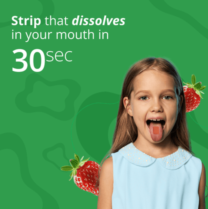 Young girl with a strawberry and text about a strip dissolving in 30 seconds on a green background