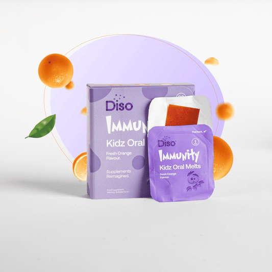 Diso Immunity Kidz Oral Melts packaging with oranges on a light background