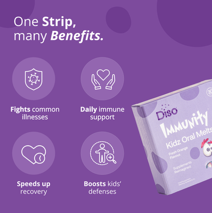 Diso Immunity Kidz Oral Melts packaging on a purple background with text about benefits.