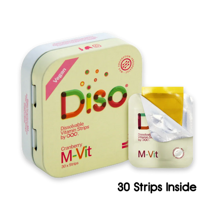 Diso Cranberry M-Vit vitamin strip packaging with a small packet on a white background