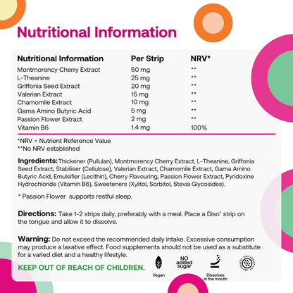 Nutritional information and ingredient list for Snooze Vitamin with colorful design elements.