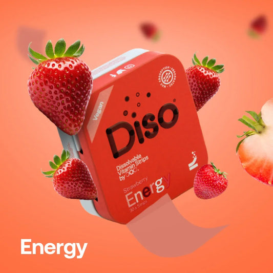 Diso Energy Strips with strawberries on a light red pink background