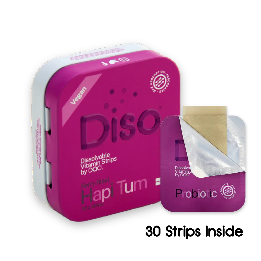 Pink container of Diso Hapi Tum dissolvable vitamin strips with a clear window showing a strip inside.