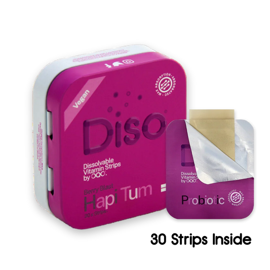 Pink container of Diso Hapi Tum dissolvable vitamin strips with a clear window showing a strip inside.