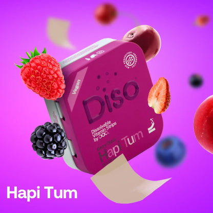 Pink packaging of Hapi Tum with fruits on a purple background