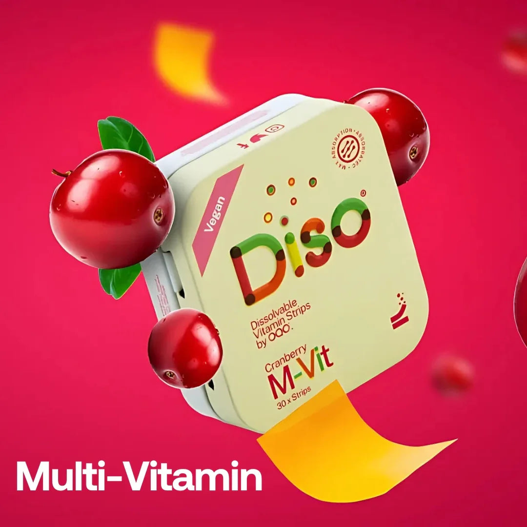 Diso Cranberry M-Vit packaging with cranberries on a pink background