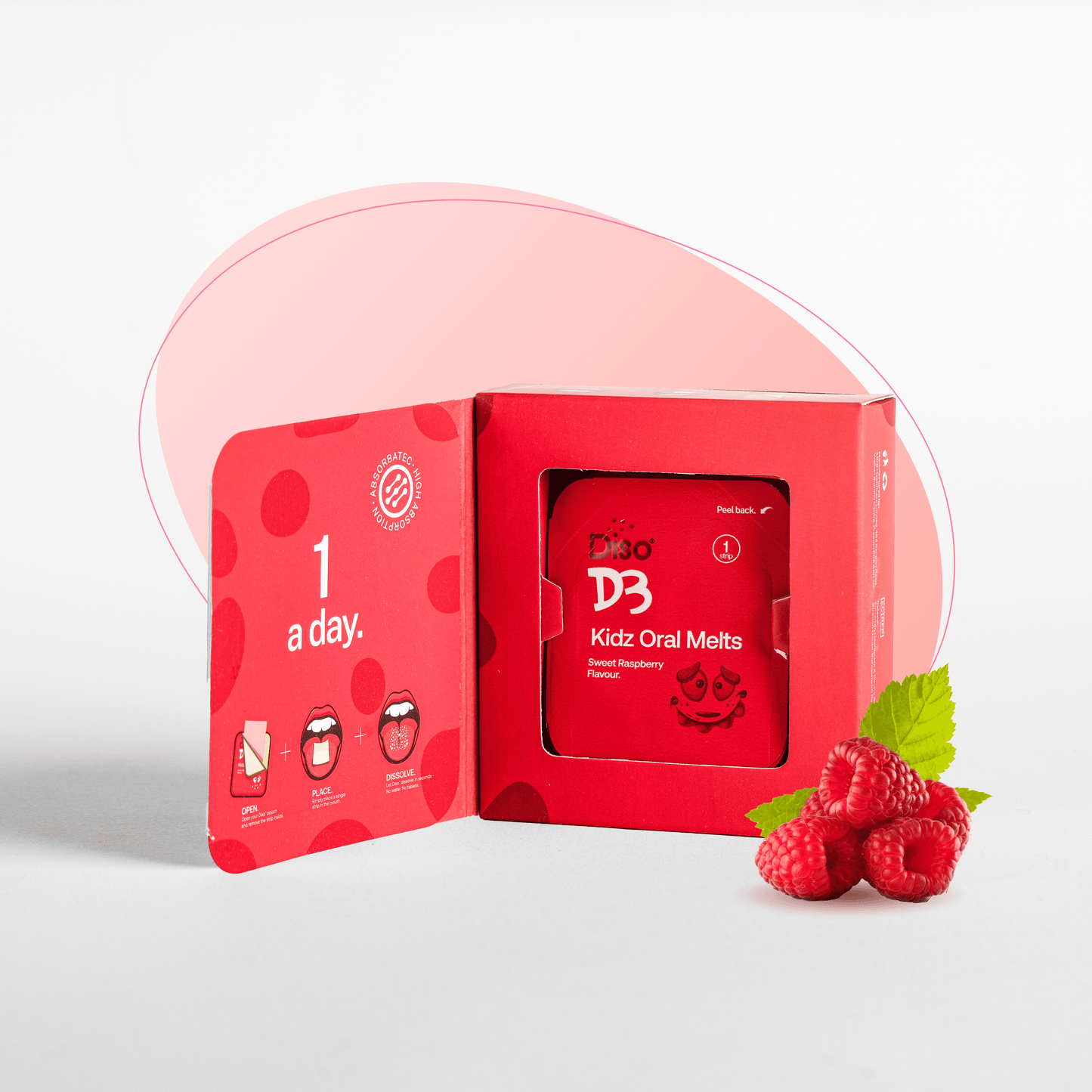 Red packaging of D3 Kidz Oral Melts with raspberries on a light gray background