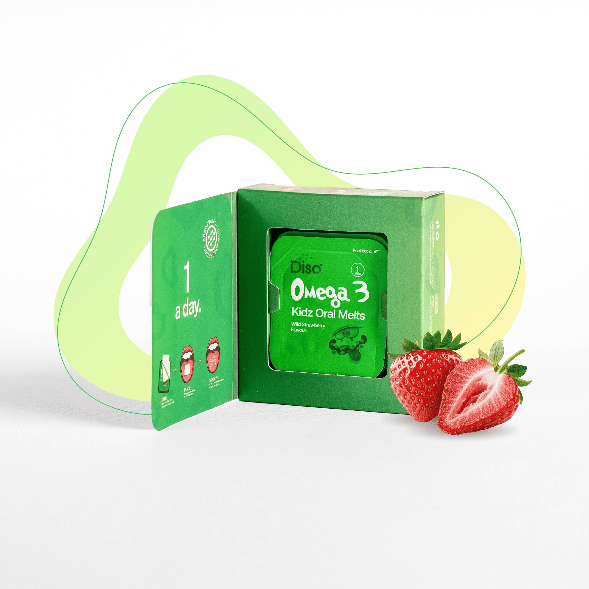 Green packaging of Omega 3 Kidz Oral Melts with strawberries on a white background