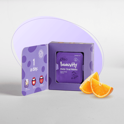 Purple packaging of Diso Immunity Kidz Oral Melts with orange slices on a light gray background