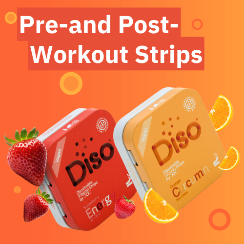 Two 'Diso' strips, one strawberry-flavored and one orange-flavored, on an orange background with fruit graphics.
