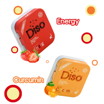 Two Diso products, one red labeled 'Energy' with strawberries, and one orange labeled 'Curcumin' with an orange, on a white background.