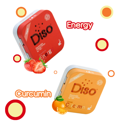 Two Diso products, one red labeled 'Energy' with strawberries, and one orange labeled 'Curcumin' with an orange, on a white background.