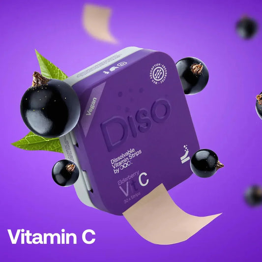 Purple packaging of Diso Vitamin C strips with elderberries on a purple background