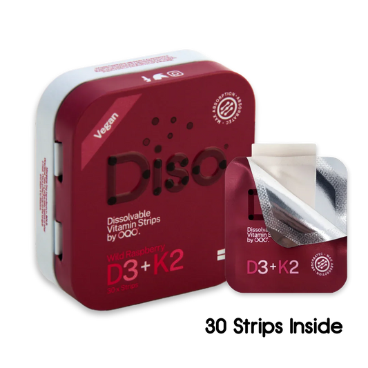 Red container of Dissolvable Vitamin Strips by Disco with visible text and design elements.